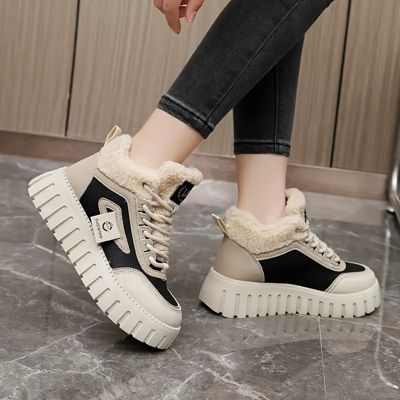Dame-plateausneakerstøvler med for i sort og beige