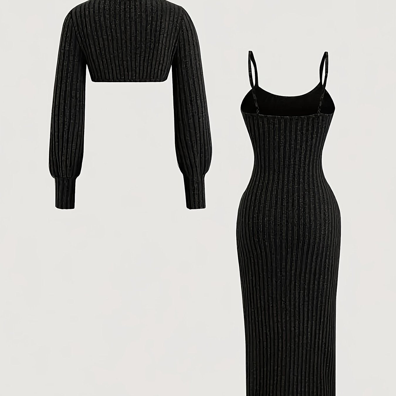 Damen Geripptes Midikleid mit Spaghettiträgern und Kurzpullover-Set