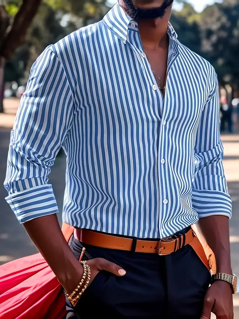 Camisa casual de negocios para hombre con patrón de rayas – Elegante camisa de manga larga para uso diario y oficina