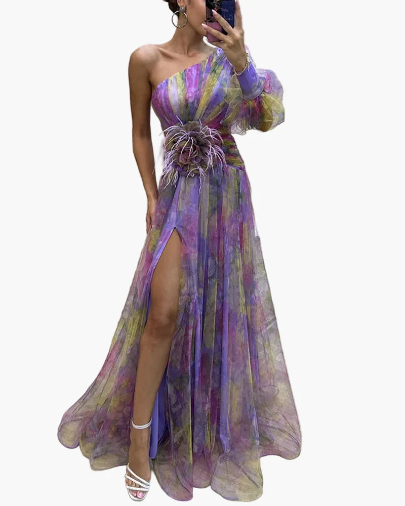 Robe de soirée femme élégante asymétrique avec application florale et fente – Parfaite pour occasions festives