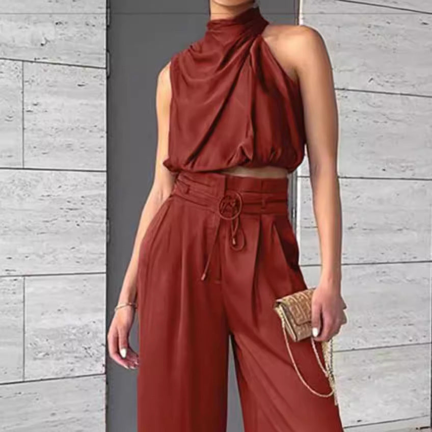 Jasmine – Casual mouwloos topje met midriff en wijde pijpen 2-delige set dameskleding