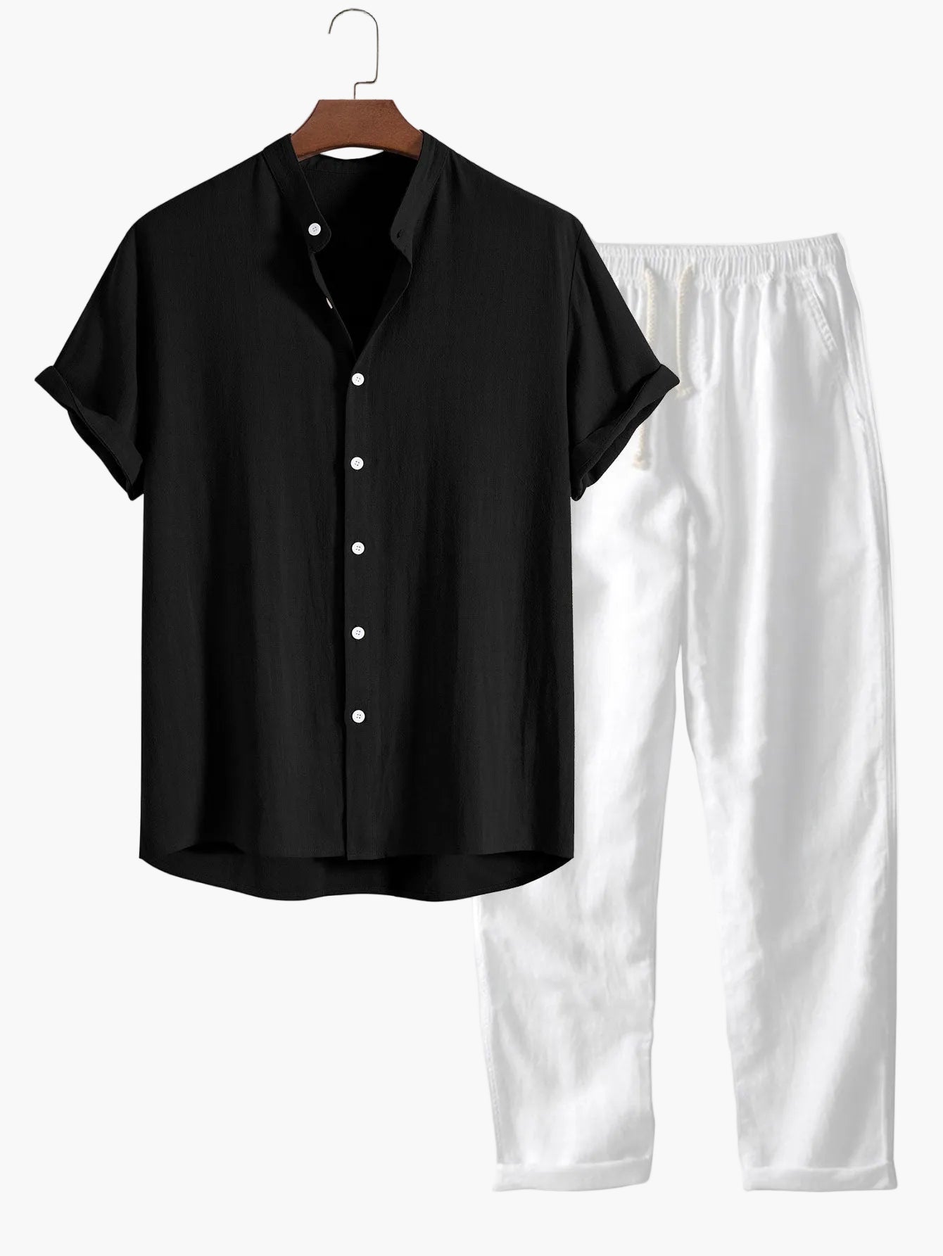 Camicia da uomo a maniche corte con collo alla coreana – Camicia moderna per tempo libero e lavoro, look minimalista