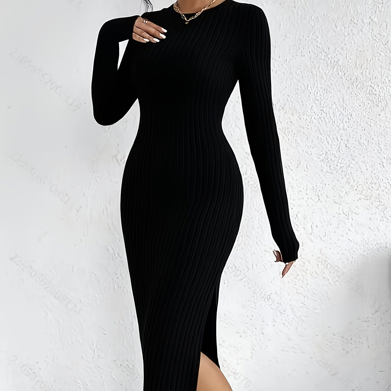 Abito midi da donna in maglia a coste, a maniche lunghe e aderente