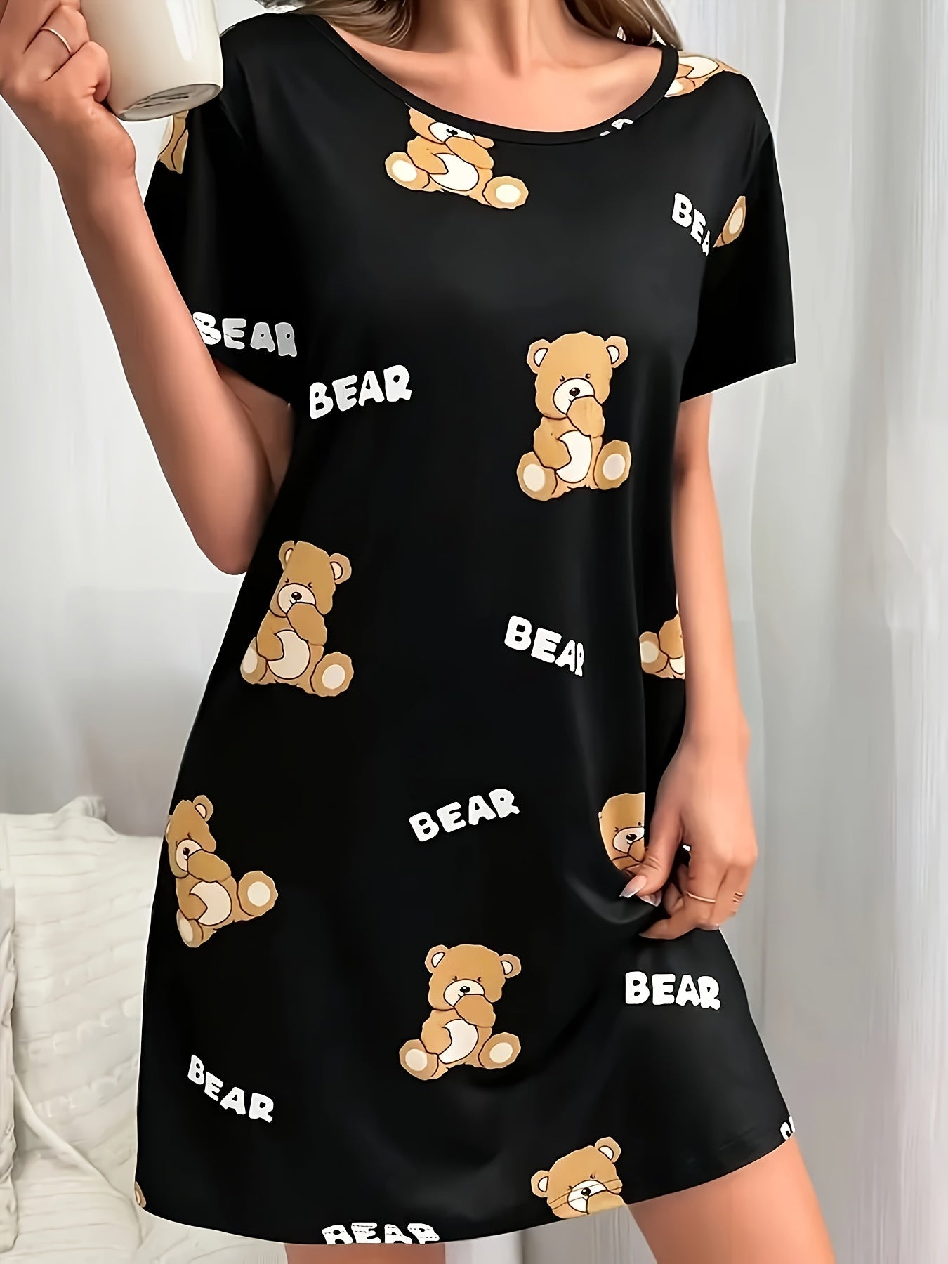 Dame nattkjole med bjørnemønster, kortermet, komfortabel, loungewear for vår og sommer