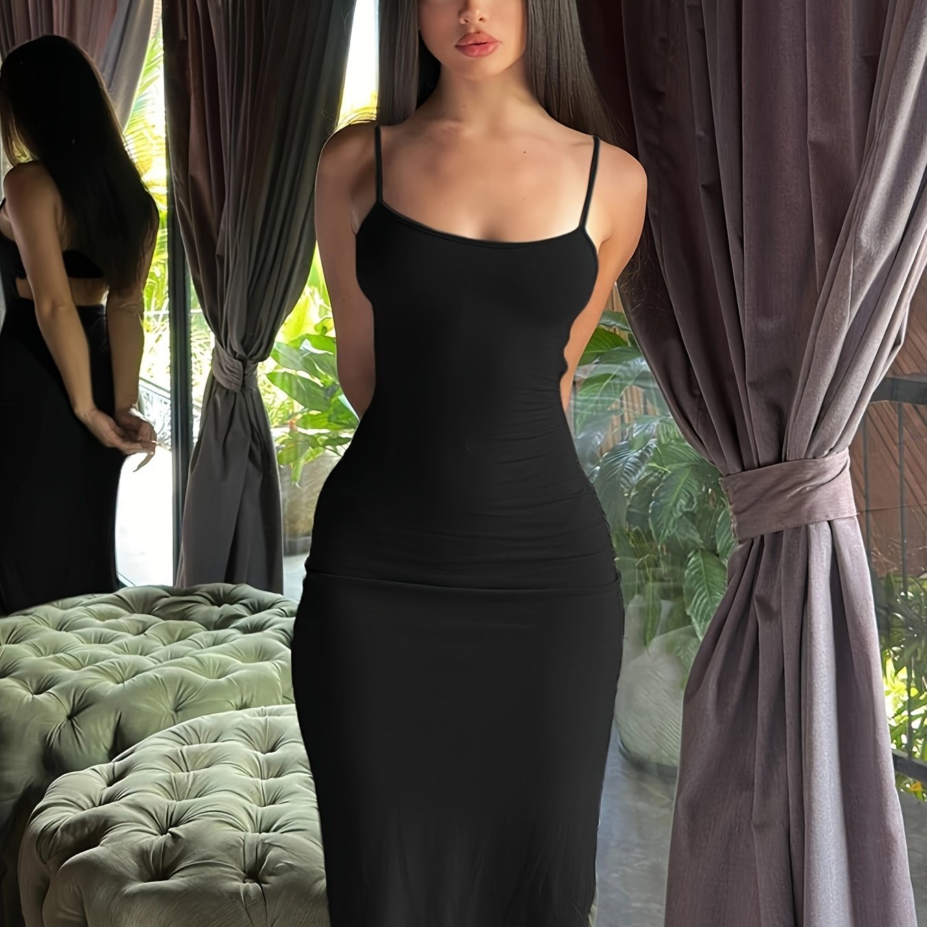 Dame Maxikjole Bodycon Elegant – Figurformet aftenkjole med spaghetti-stropper og moderne snit, ideel til fester og fester