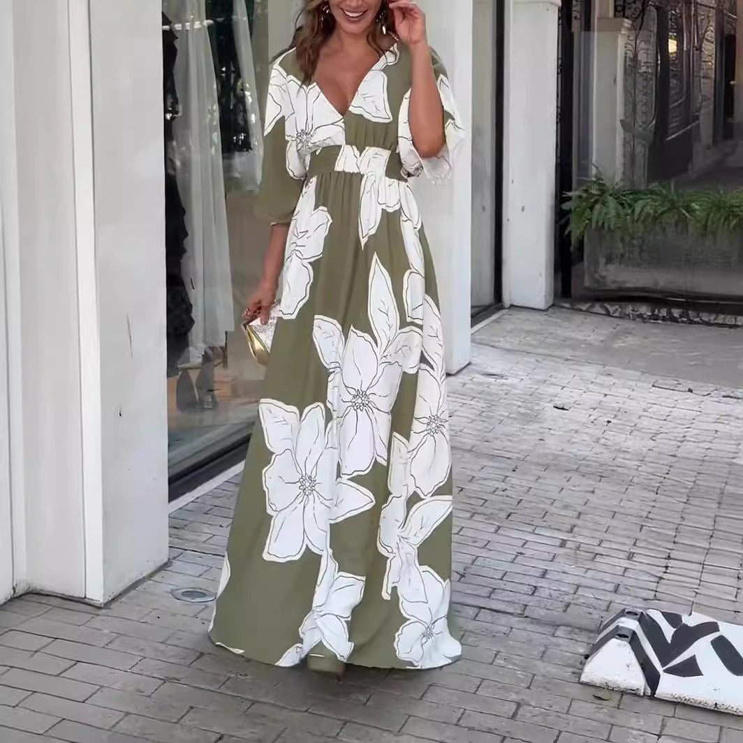 Dame maxikjole elegant blomstertrykk sommer boho-stil for fritid og ferie