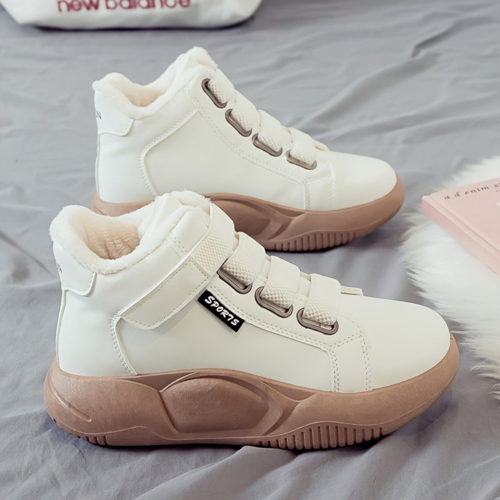 Zapatillas de invierno para mujer, de caña alta, forradas y cálidas, con suela de plataforma, cierre de velcro, en negro, blanco y beige
