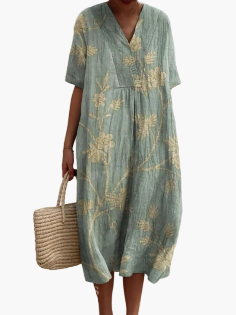 Dame sommerkjole i løs boho-stil – Fritidskjole med blomsterprint og V-udskæring, ideel til strand og hverdag