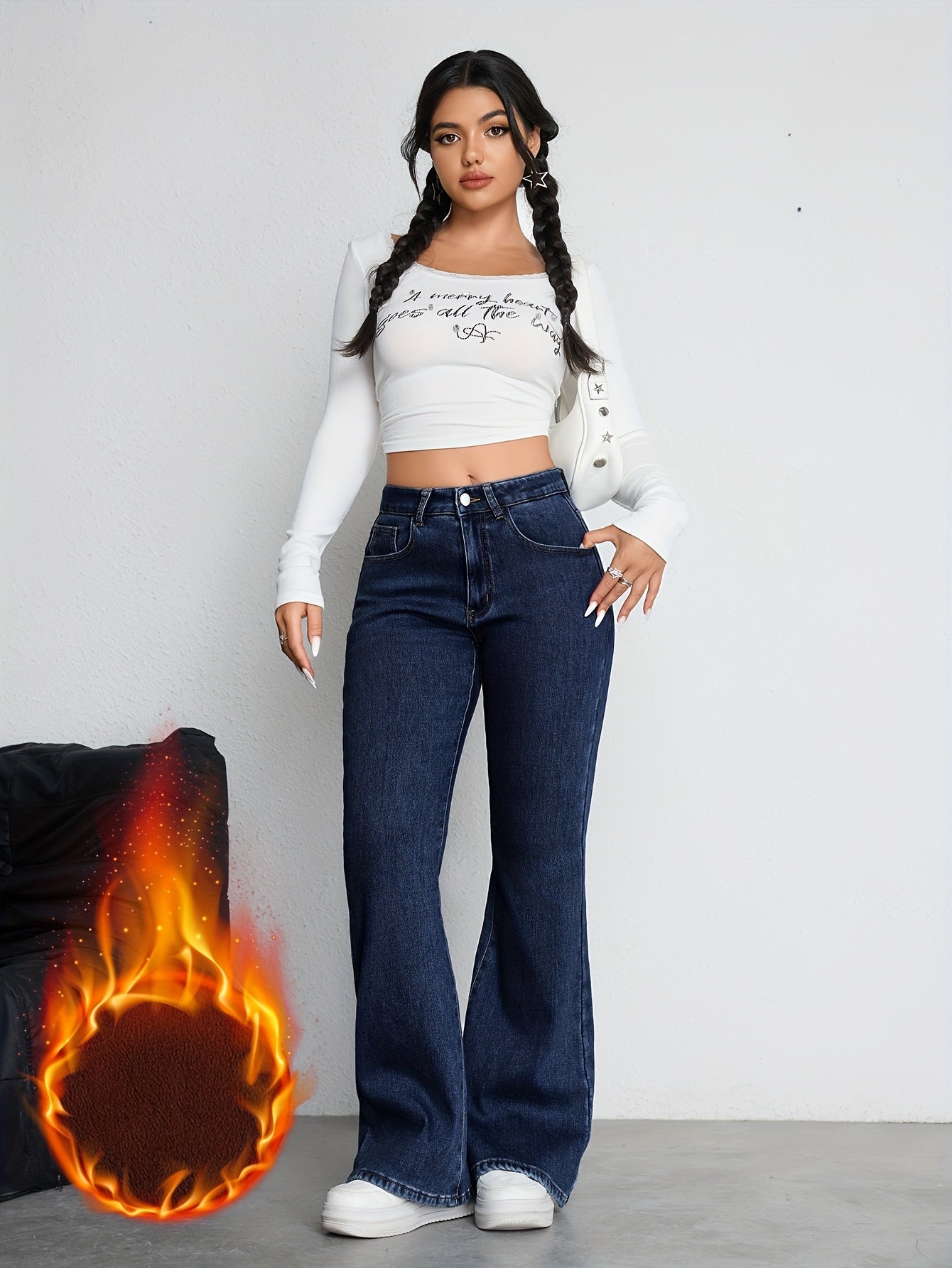 Damen Schlagjeans Hoher Bund Dunkelblau