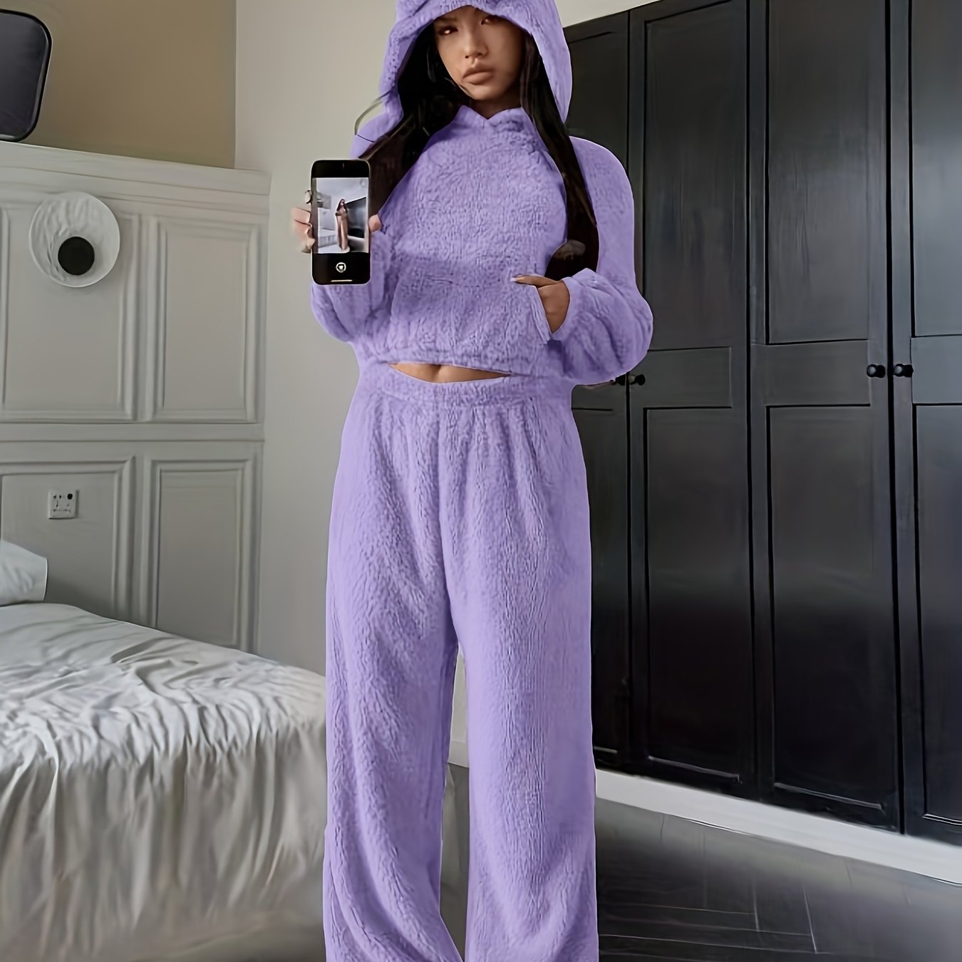 Damen Kuscheliger Fleece Pyjama Hausanzug mit Kapuze und Ohren