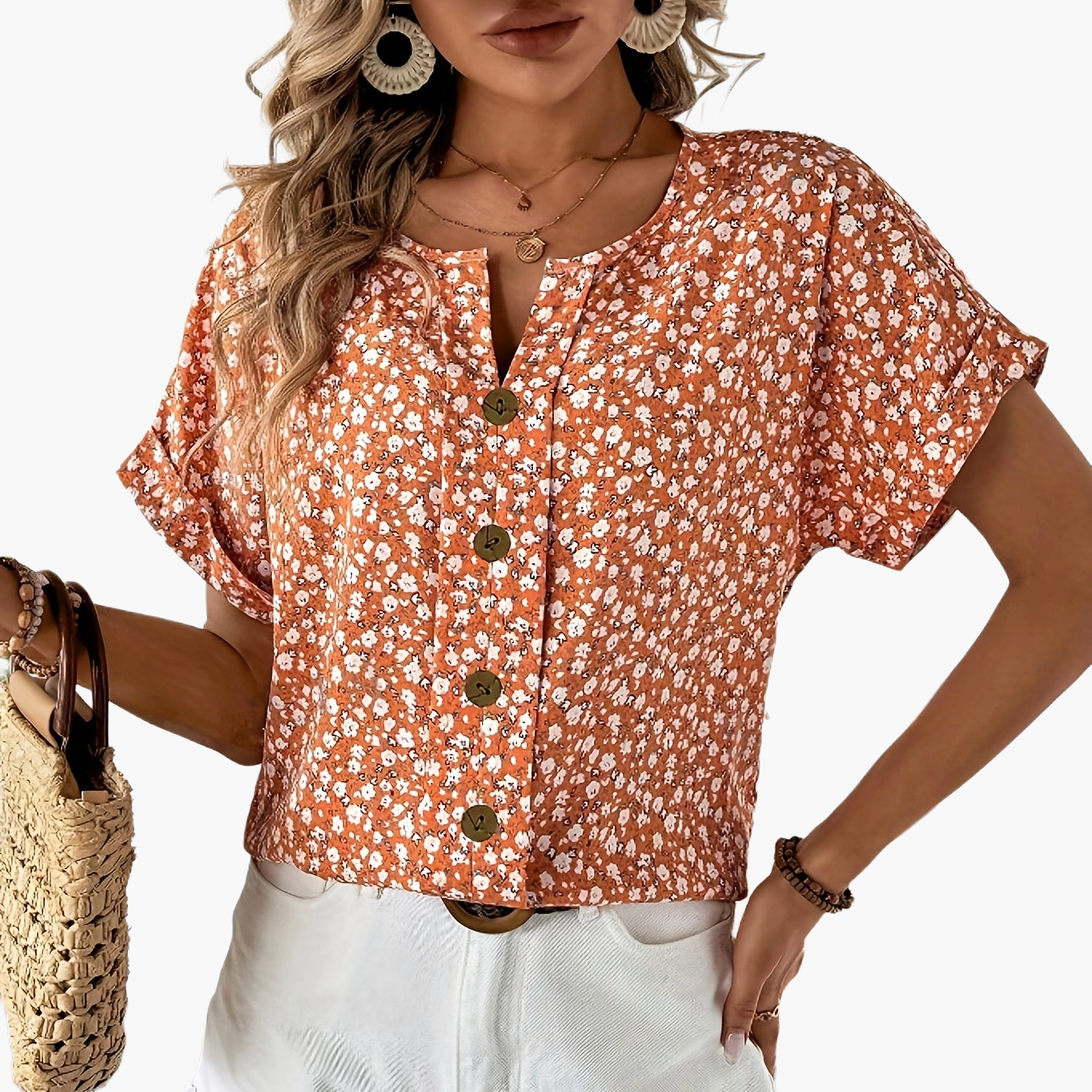Top donna a maniche corte con abbottonatura e motivo floreale – Look estivo elegante per tutti i giorni e il tempo libero