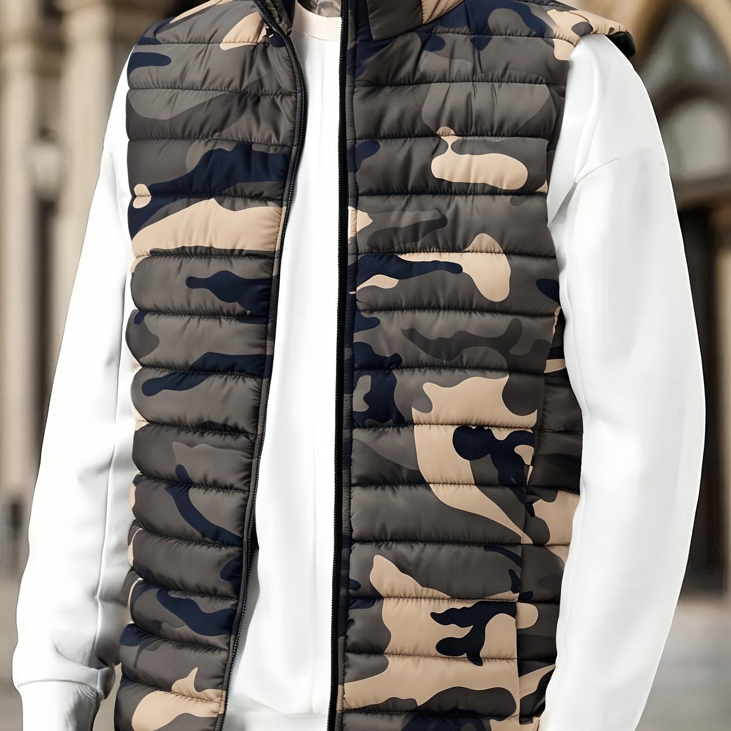 Herren Steppweste Camouflage Gemustert Stehkragen Reißverschluss
