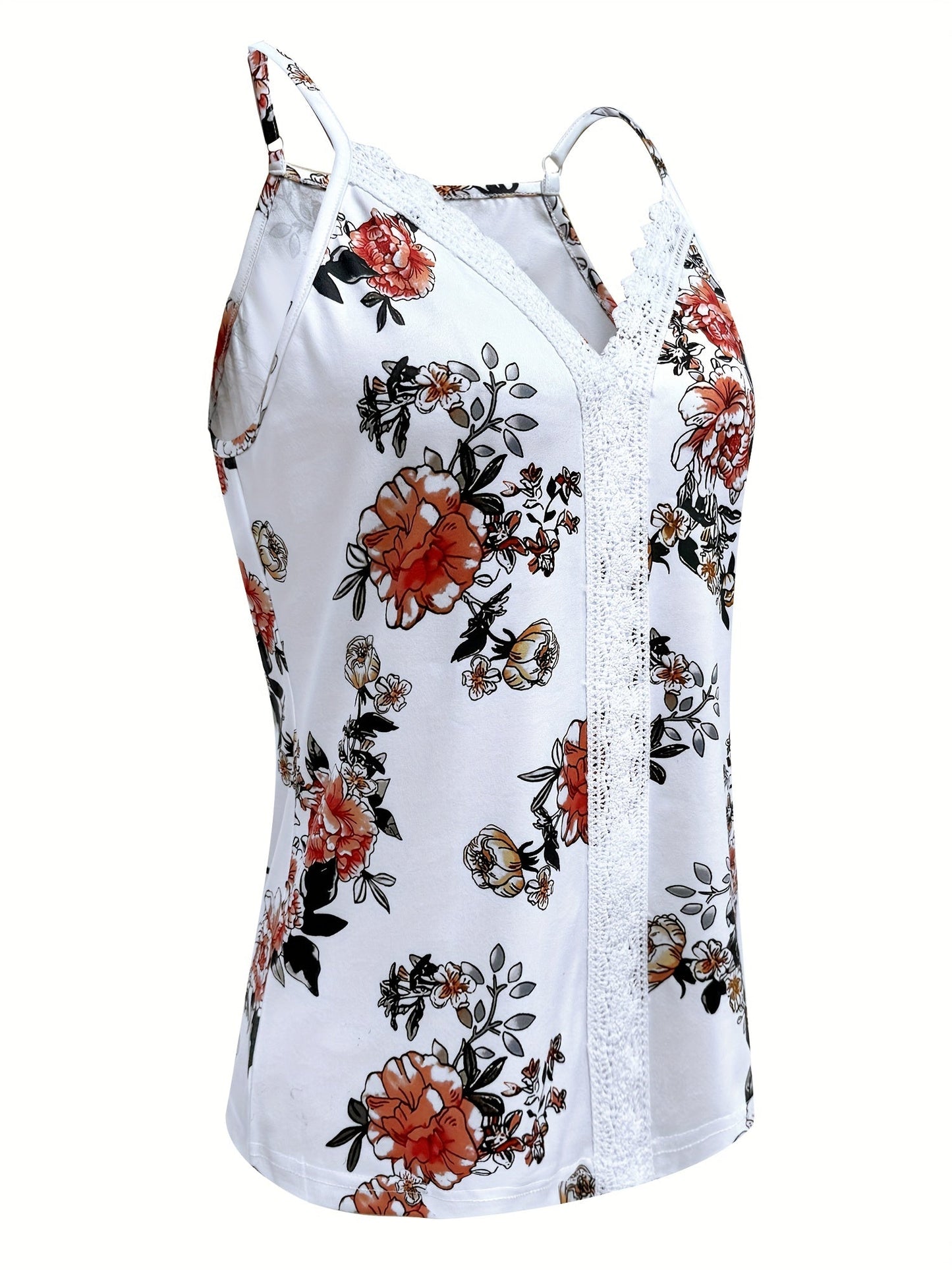 Top spaghetti pour femme avec motif floral et dentelle – Blouse d'été décontractée et sexy