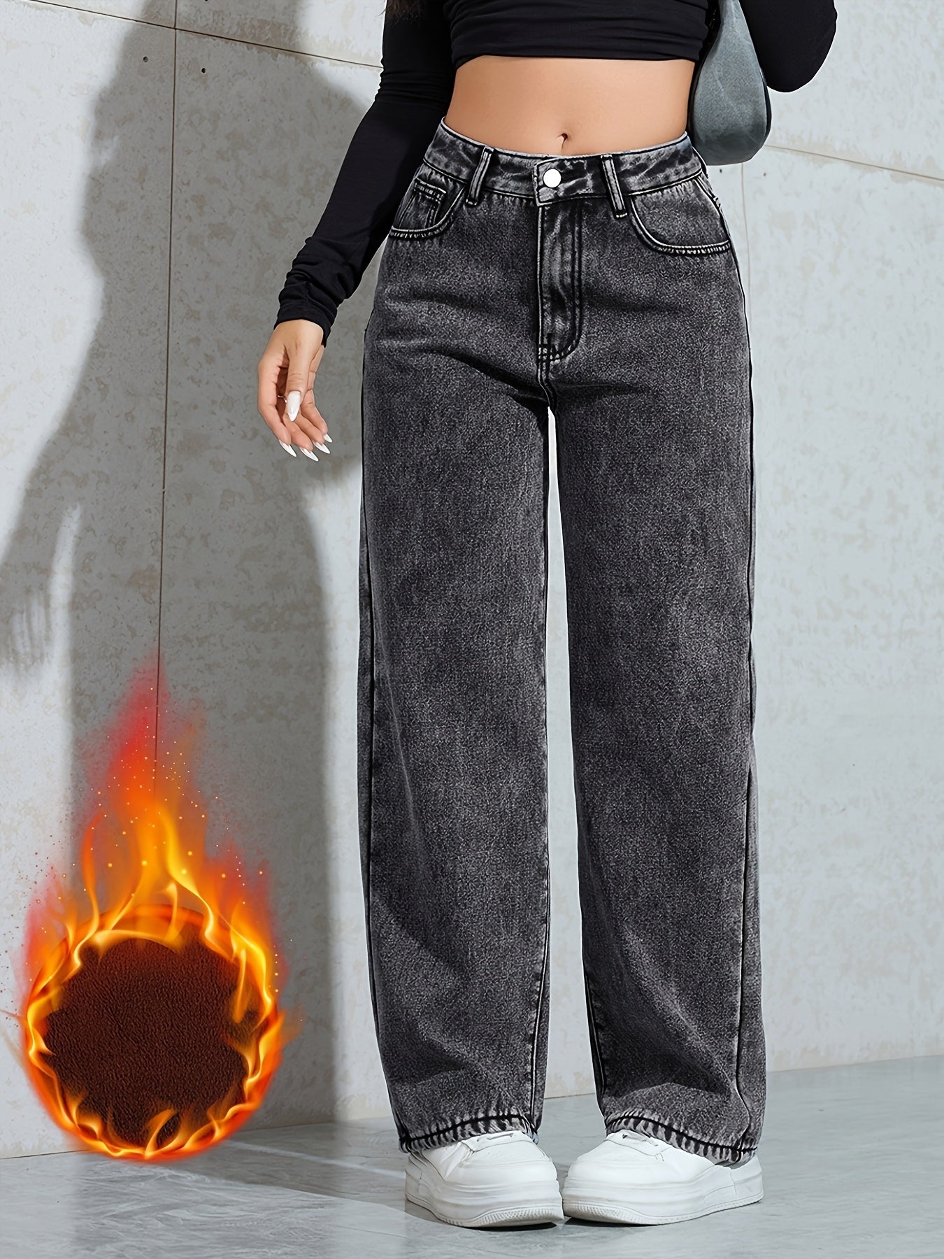Jeans da donna, grigio scuro, dal taglio ampio, con fodera calda