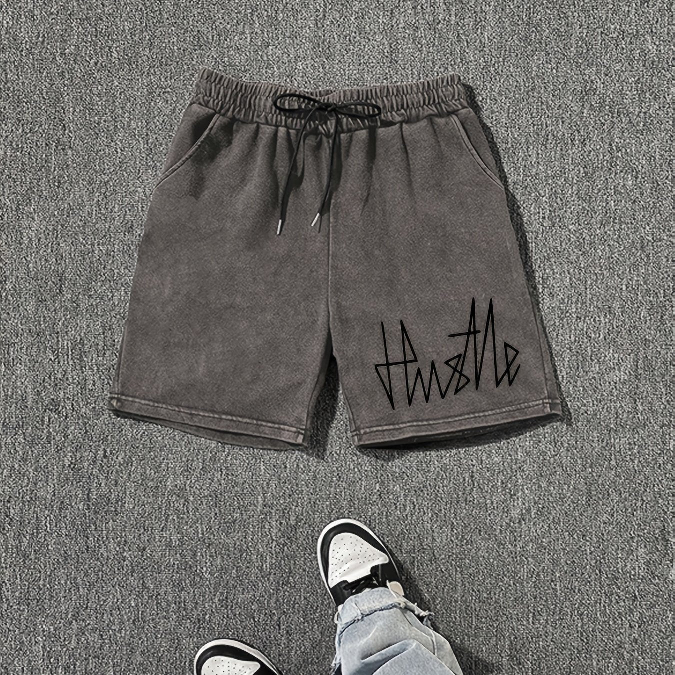 Męskie szorty streetwear z nadrukiem „Hustle” – luźne szorty dresowe na co dzień i na czas wolny
