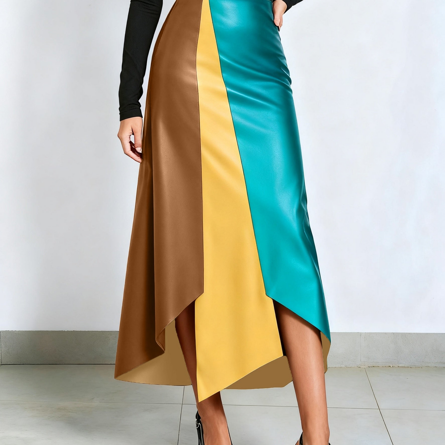 Gonna da donna color block con orlo asimmetrico in materiale similpelle