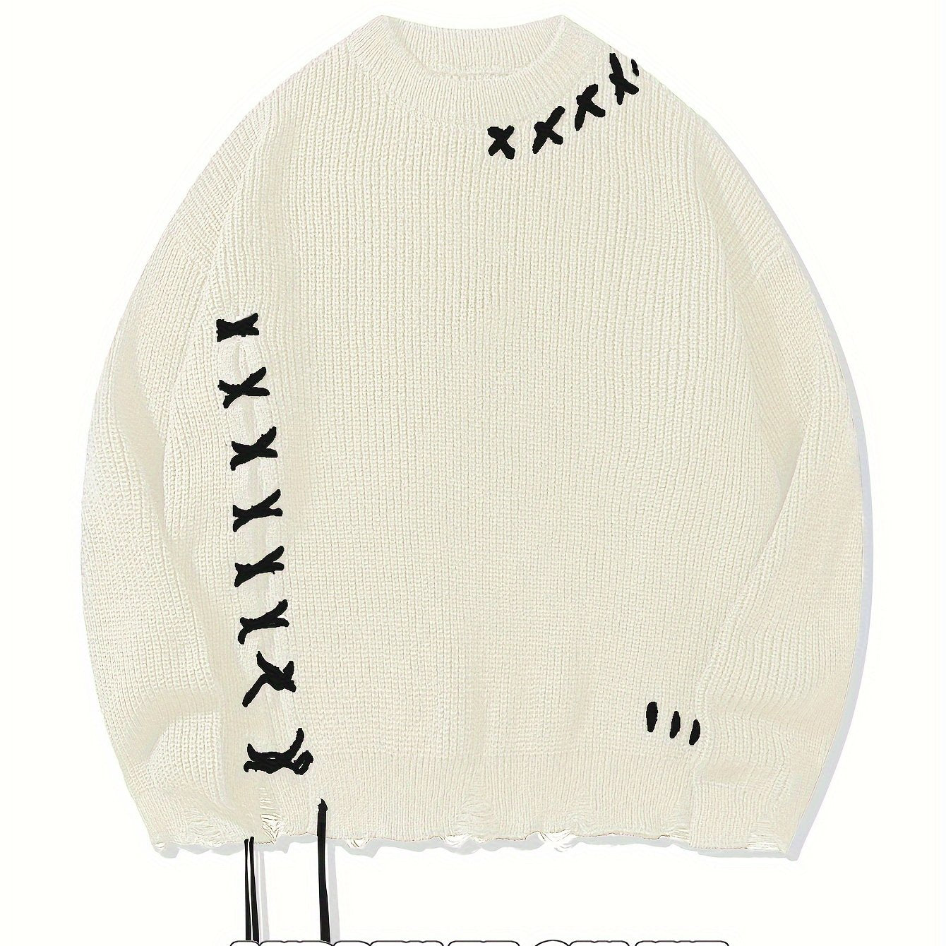 Unisex Strickpullover mit Kreuzstich-Detail und zerrissenem Saum