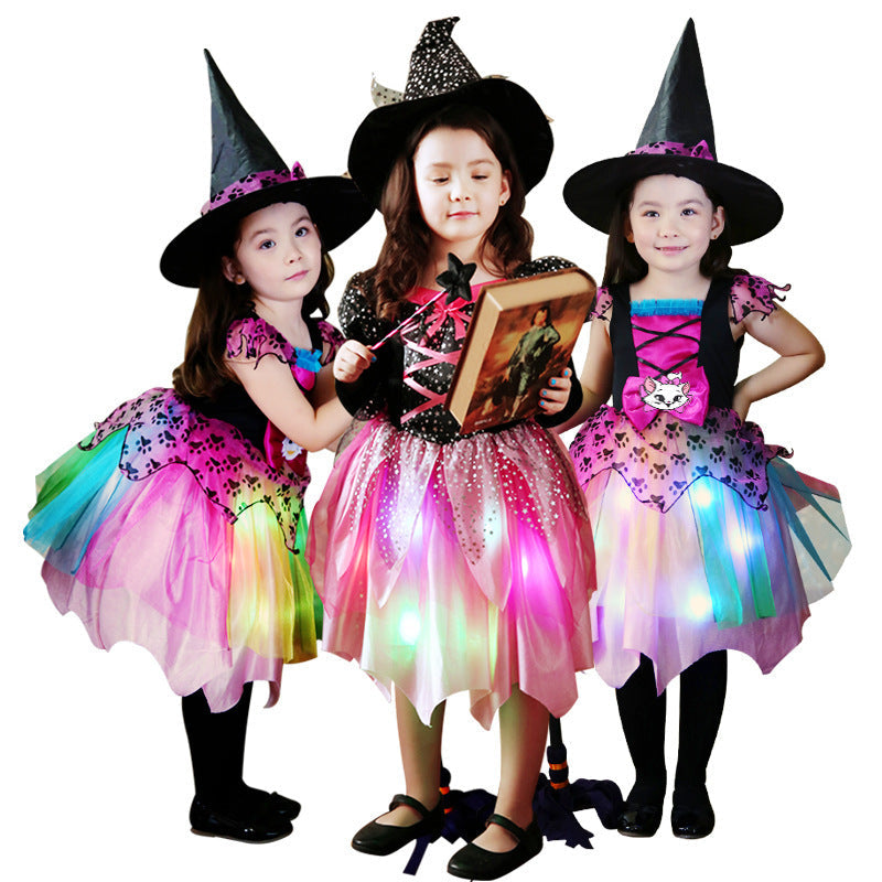 Børn Halloween Heksekostume Sæt med Hat, Kjole, Tryllestav og Taske – Perfekt til Halloweenfester og Trick-or-Treat