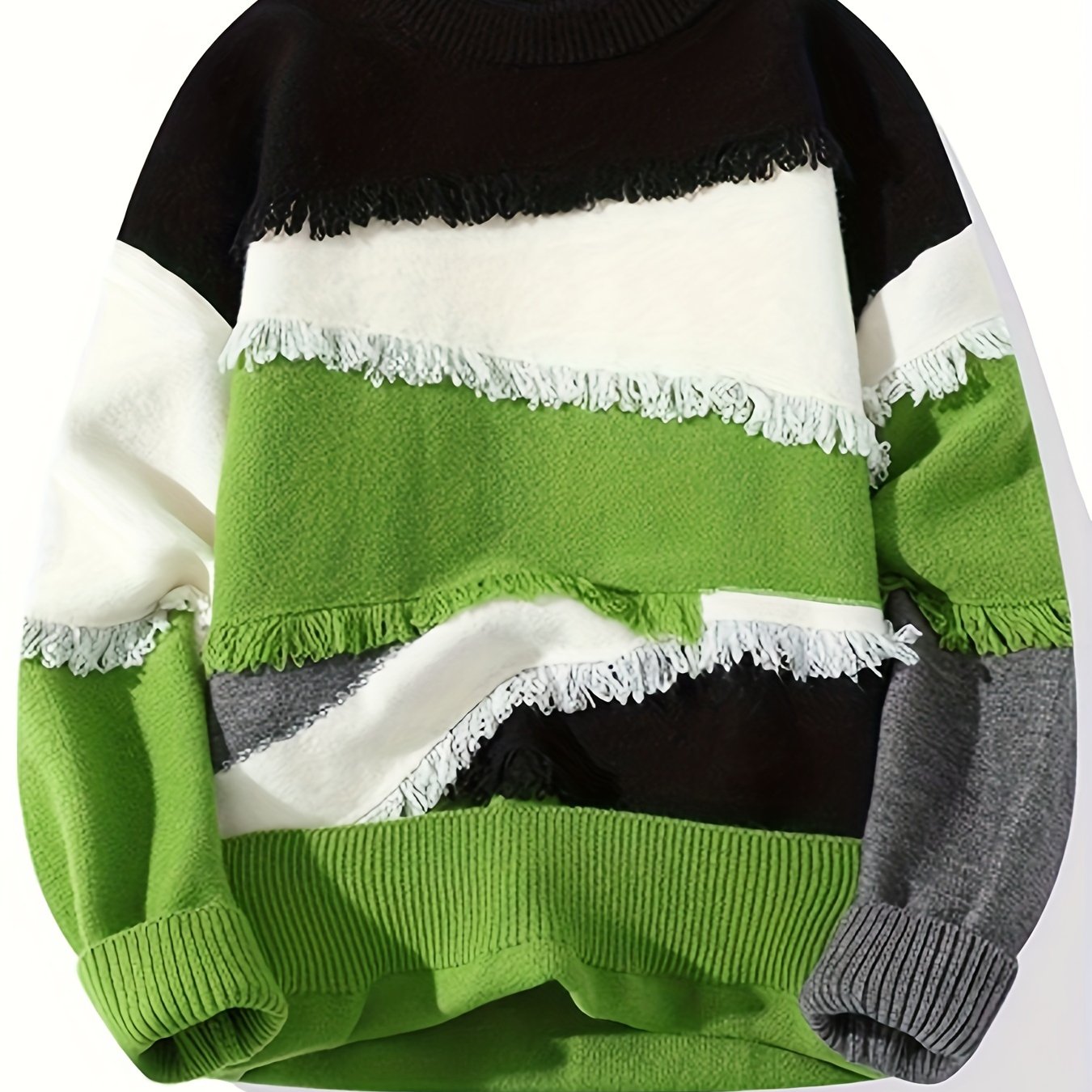 Unisex Patchwork Pullover mit Fransen Rundhals Langarm Strickpullover Mehrfarbig