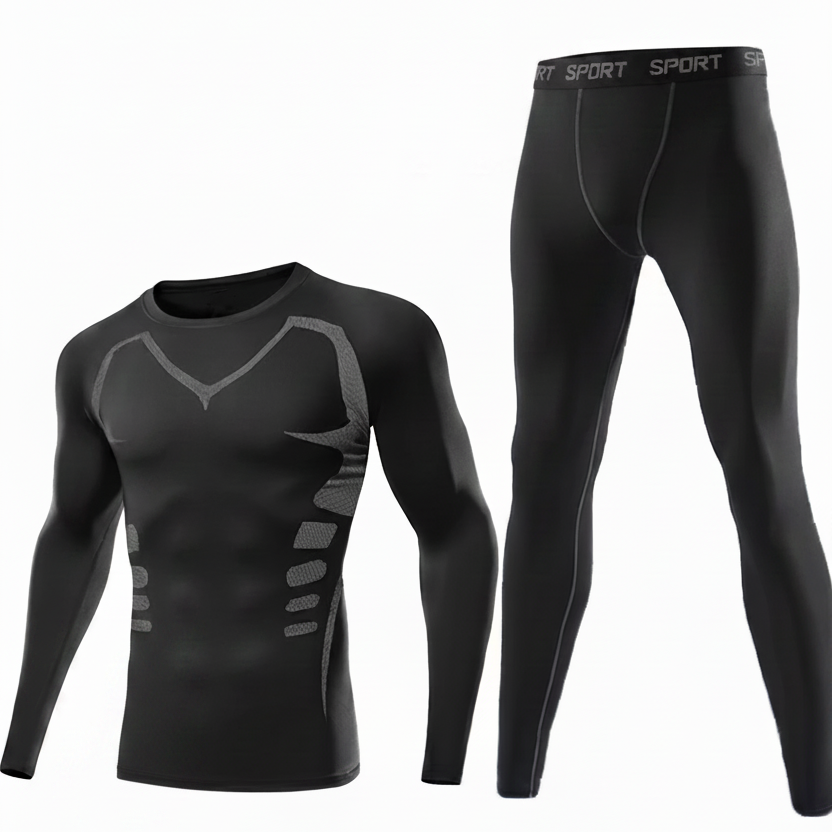 Herren Thermounterwäsche Set Schwarz Langarm Kompressionsshirt & Hose