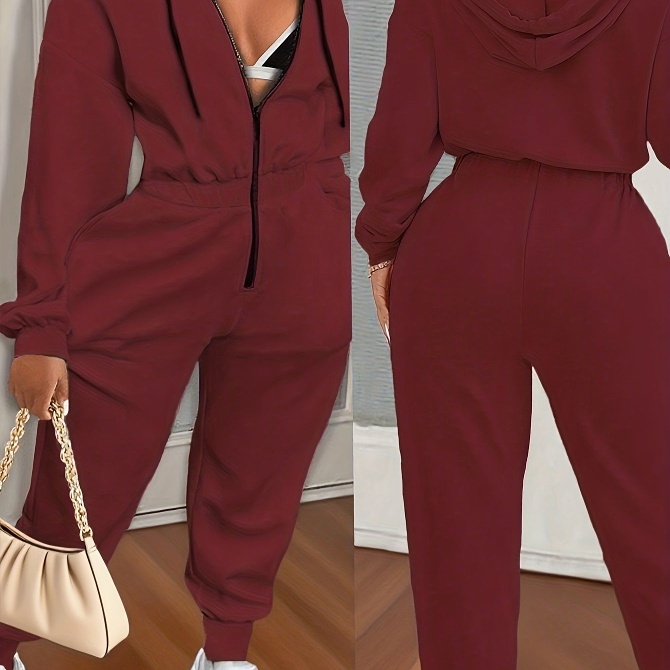 Dame-hoodie-heldragt med lynlås – Behagelig jumpsuit med hætte