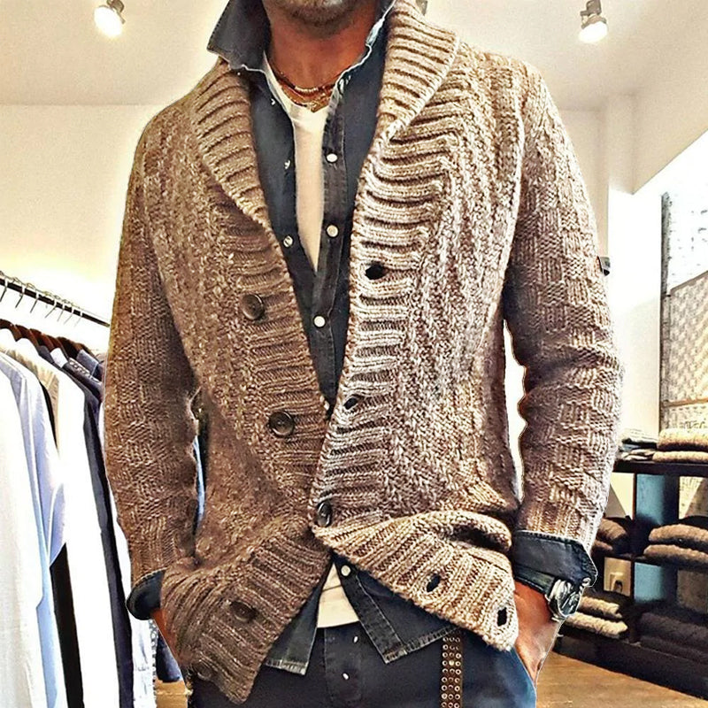 Herre vintage strikcardigan med sjalskrave – Stilfuld fritidsstrik til moderne mænd