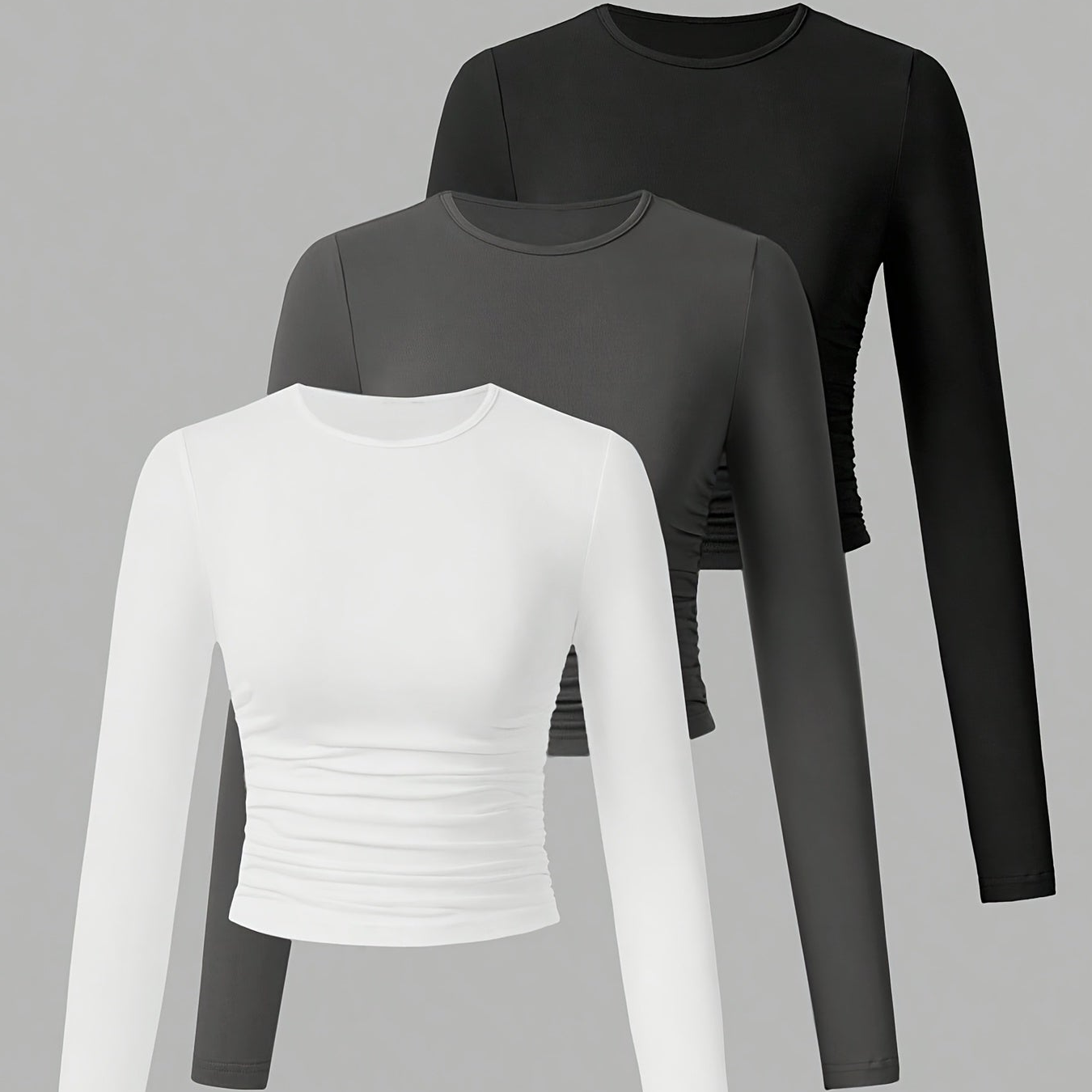 Damen Langarm Crop Top 3er-Pack mit Raffung, Rundhals