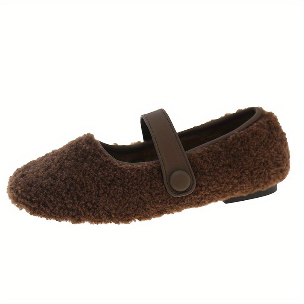 Damen Mary Jane Ballerinas Plüsch-Look mit Riemen und Knopfverschluss