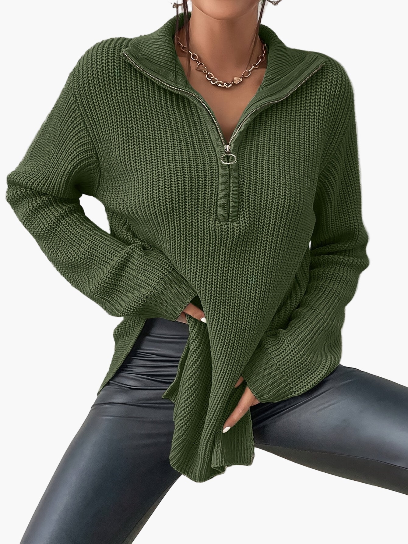 Damen Pullover Strickpullover mit Reißverschluss und Stehkragen – Modischer Herbst Winter Freizeit Look