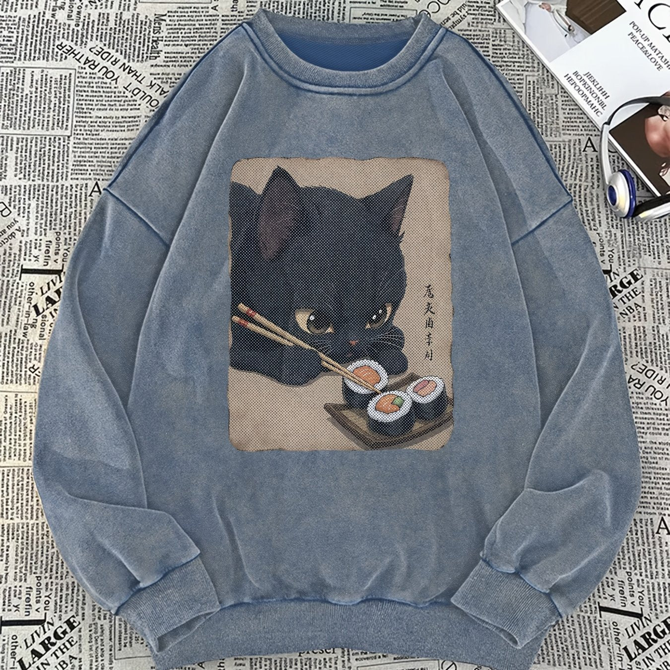Unisex-sweatshirt med katte- og sushiprint, rundhalset pullover i vintage-look