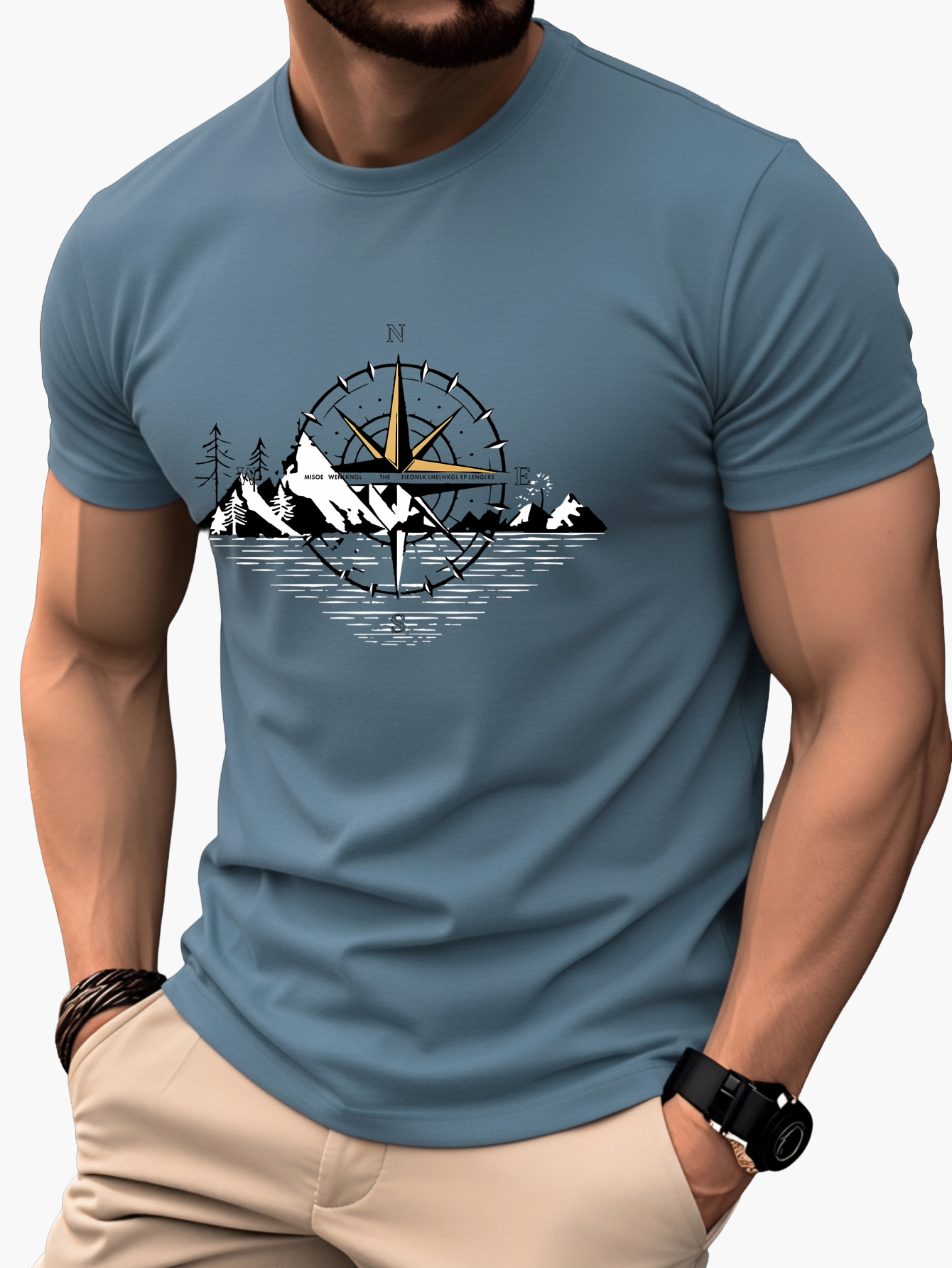 Herre T-shirt med kompas- og bjergmotiv – Outdoor eventyrstil, kortærmet, fritid