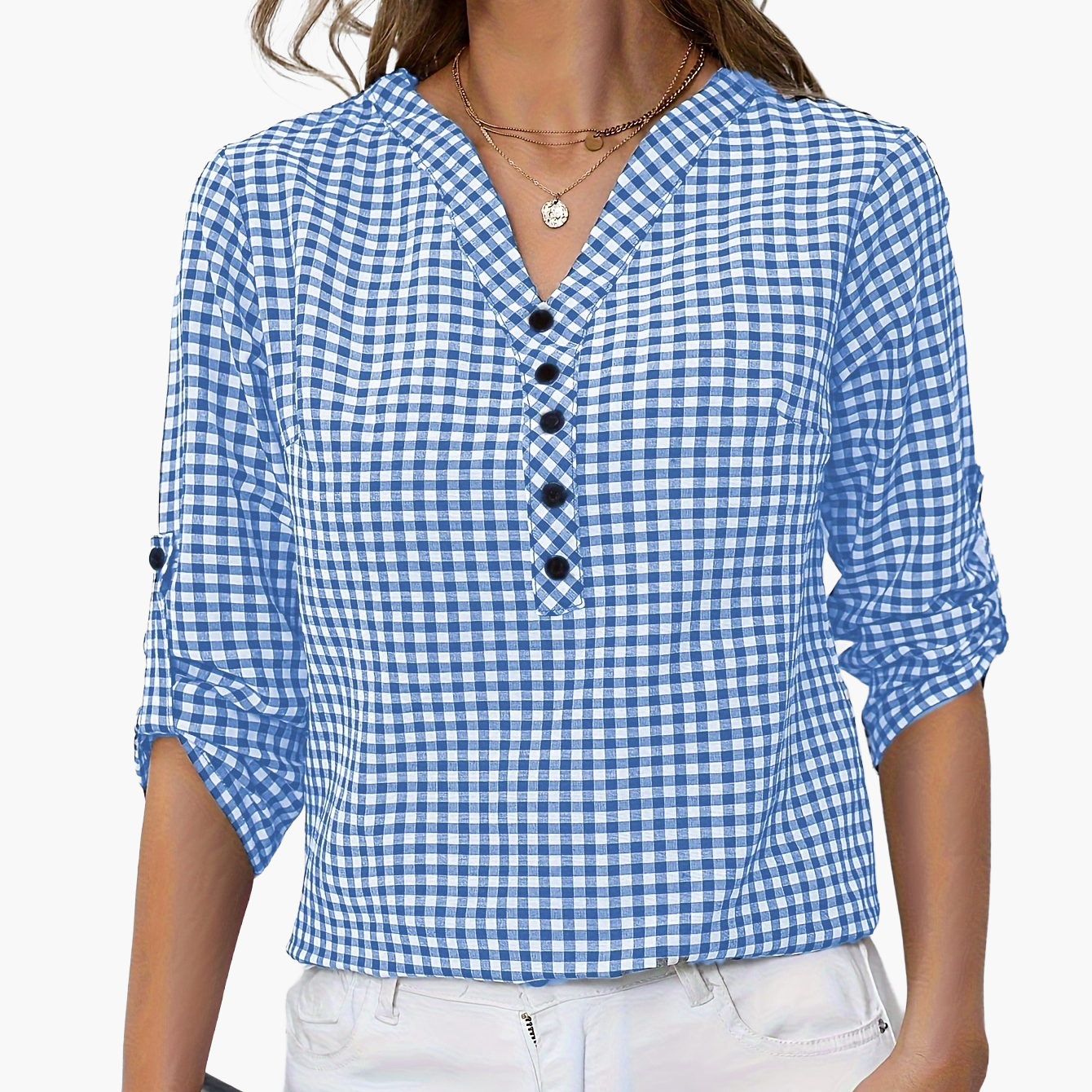 Camicia casual da donna a quadri con scollo a V e abbottonatura – Blusa elegante per tutti i giorni e l’ufficio