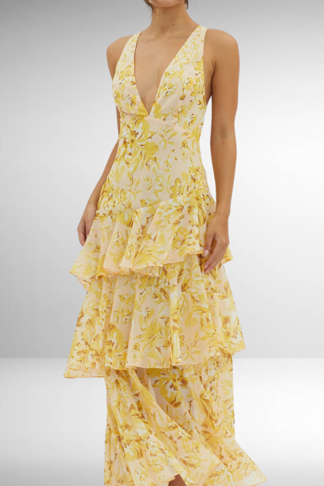 Vestido maxi festivo para mujer con volante y escote profundo en V – Vestido de noche elegante para verano y eventos