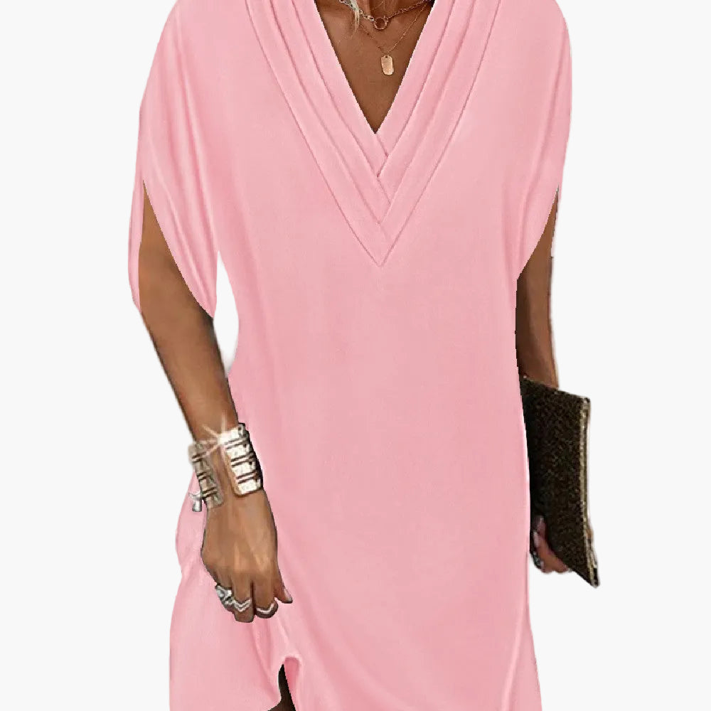 Damen Freizeitkleid mit V-Ausschnitt und Schlitzärmeln – Eleganter, lockerer Stil für Alltag und besondere Anlässe