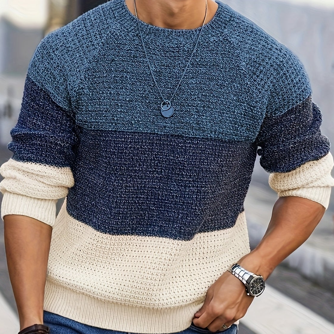 Herren Strickpullover Rundhals Mehrfarbig Gestreift Strukturstrick