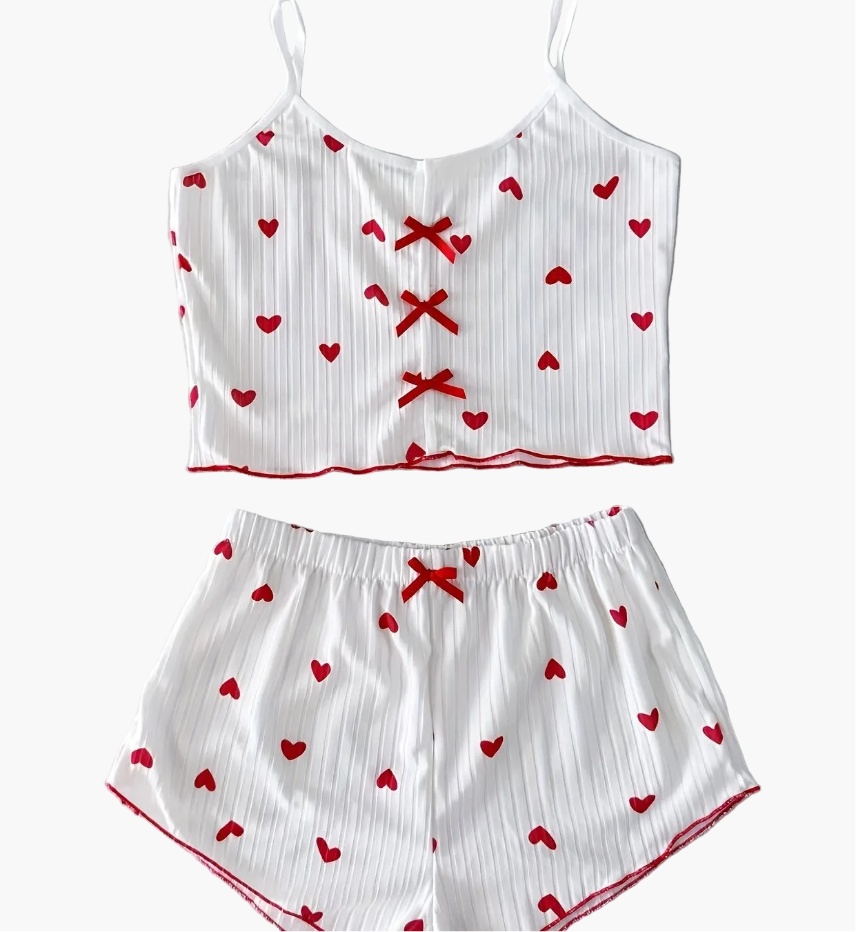 Dame pyjamasæt med hjerteprint og sløjfer – To-delt sommernatsæt, sexet stil