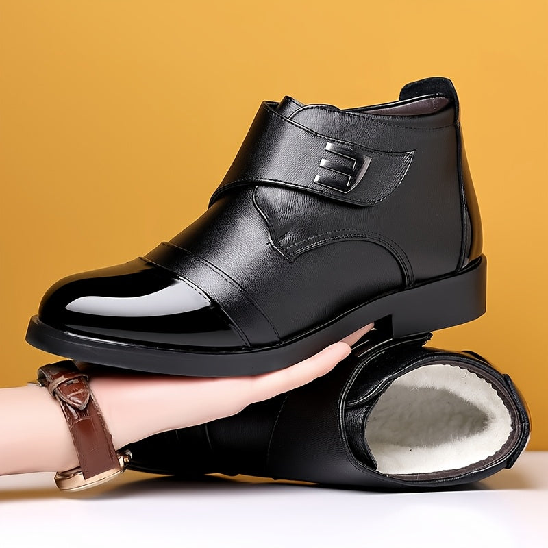 Herren Stiefelette Schwarz Glänzende Zehenkappe Klettverschluss
