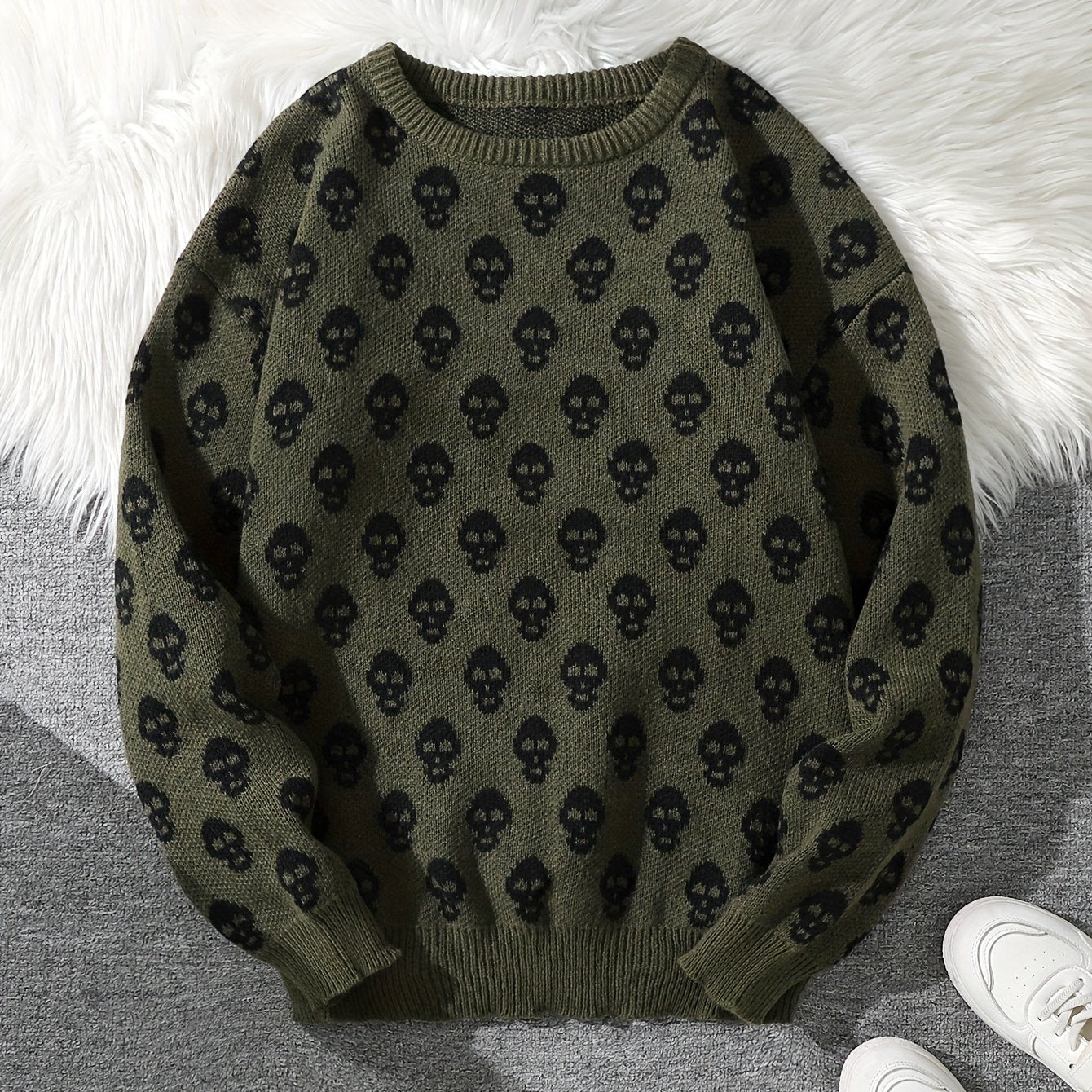 Unisex-strikpullover med rund hals, dødningehovedmønster og lange ærmer