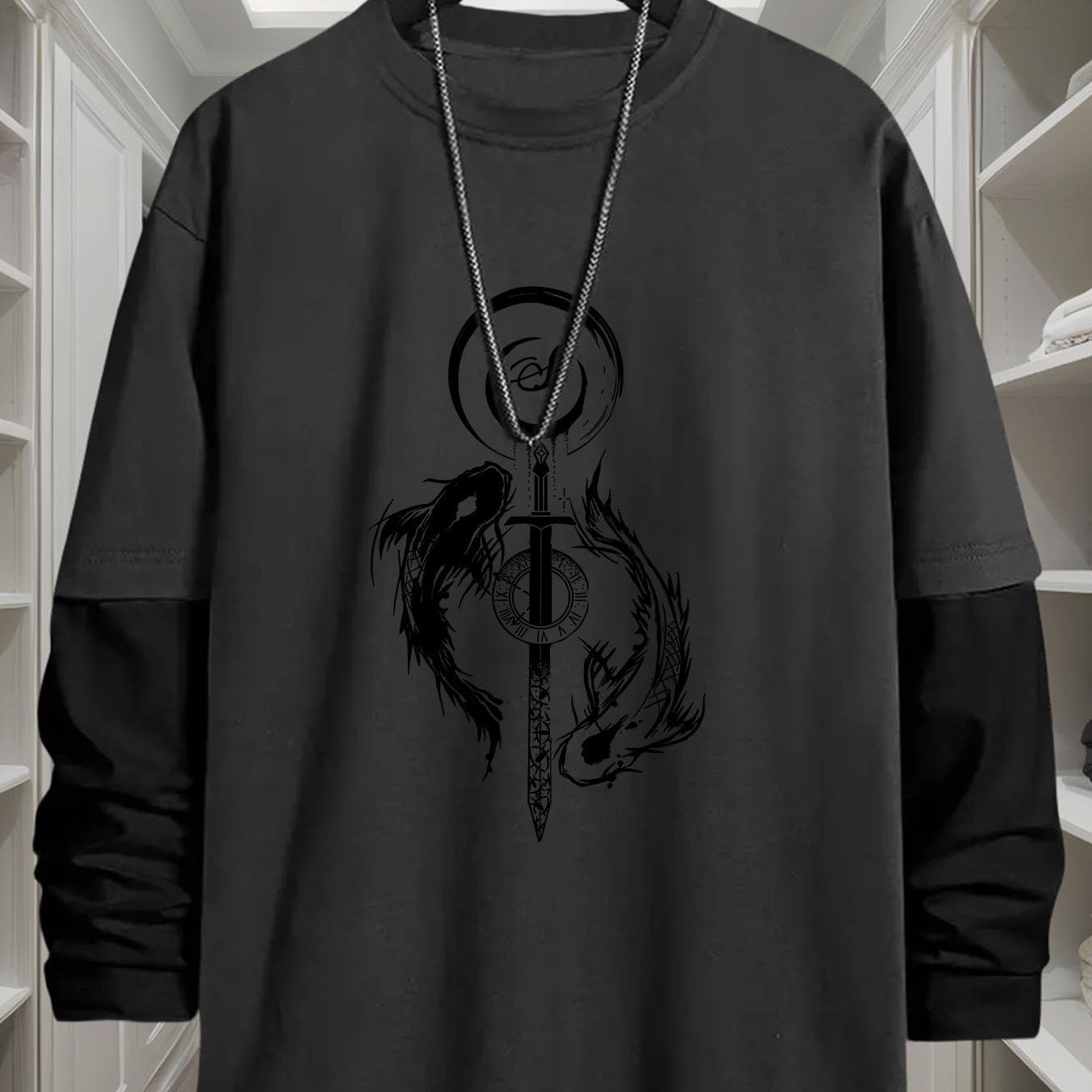 Unisex-langærmet T-shirt med sværd- og dragemotiv, flerfarvet