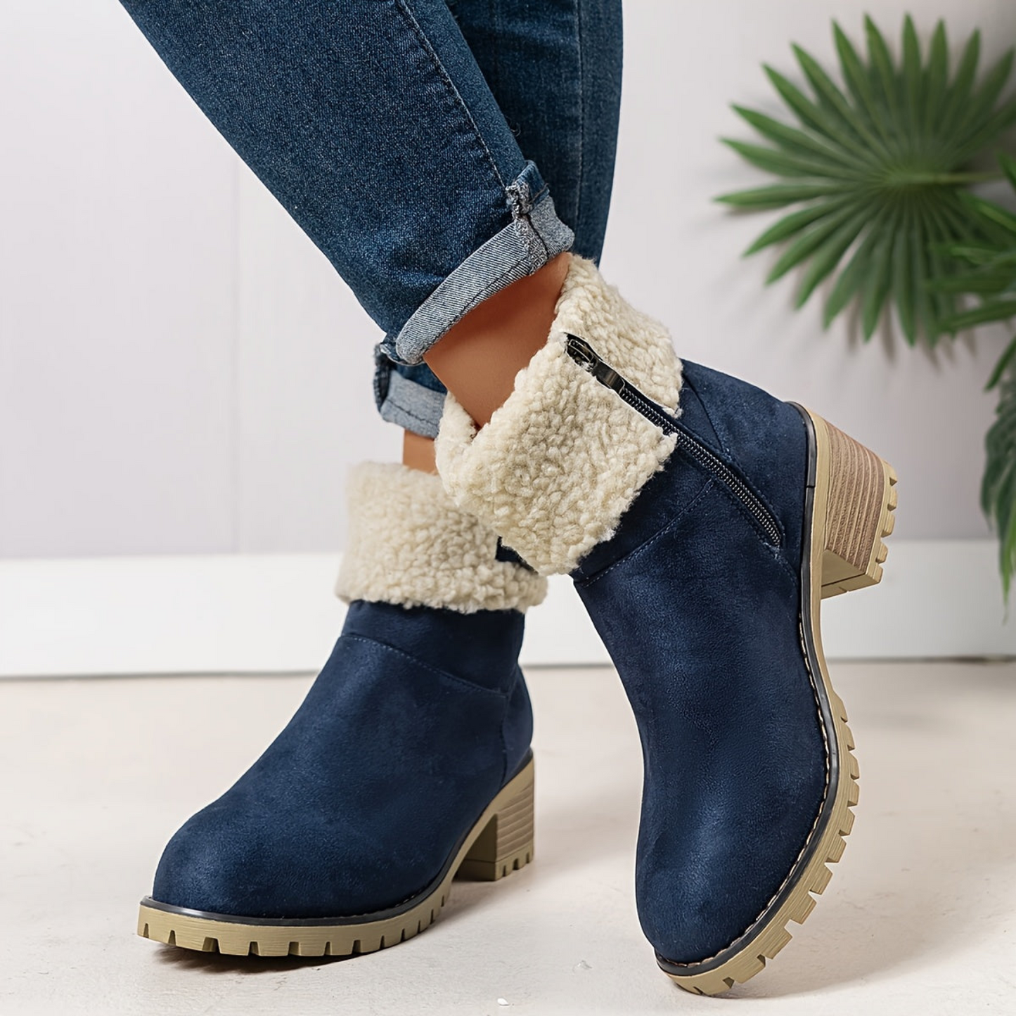 Damen Stiefeletten mit Blockabsatz, Plüschrand und Schnalle, Braun