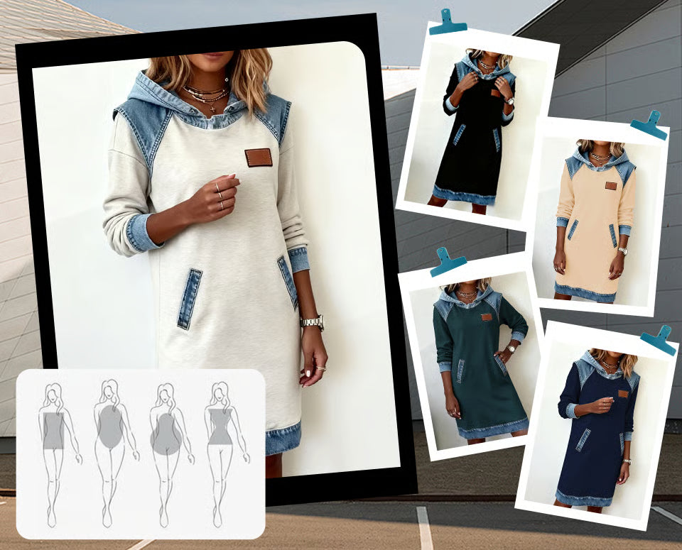 Vestito con cappuccio da donna con dettagli in denim – Stile street casual per vita quotidiana e tempo libero