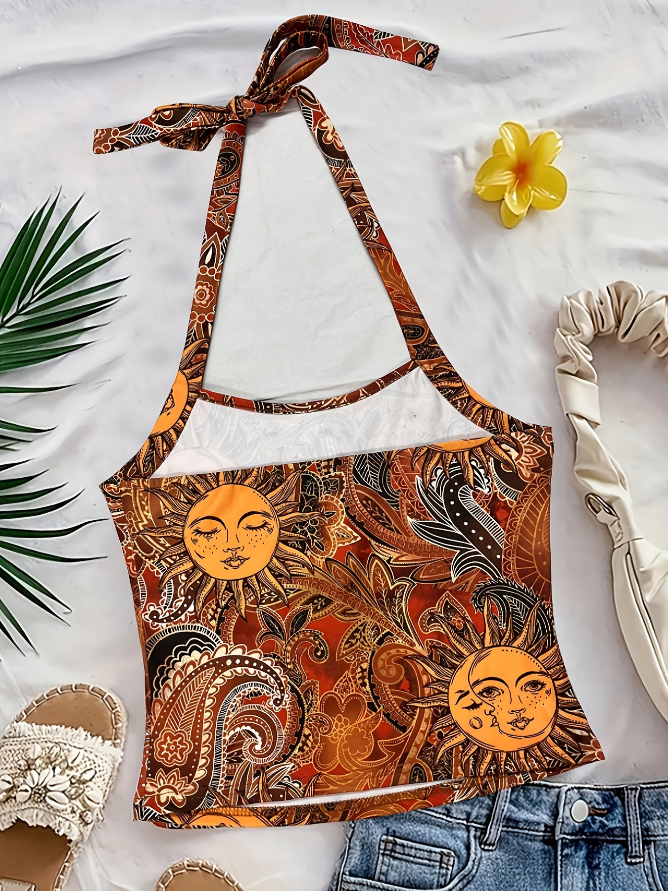 Damski vintage top na szyję z motywem słońca – letni festiwalowy styl boho