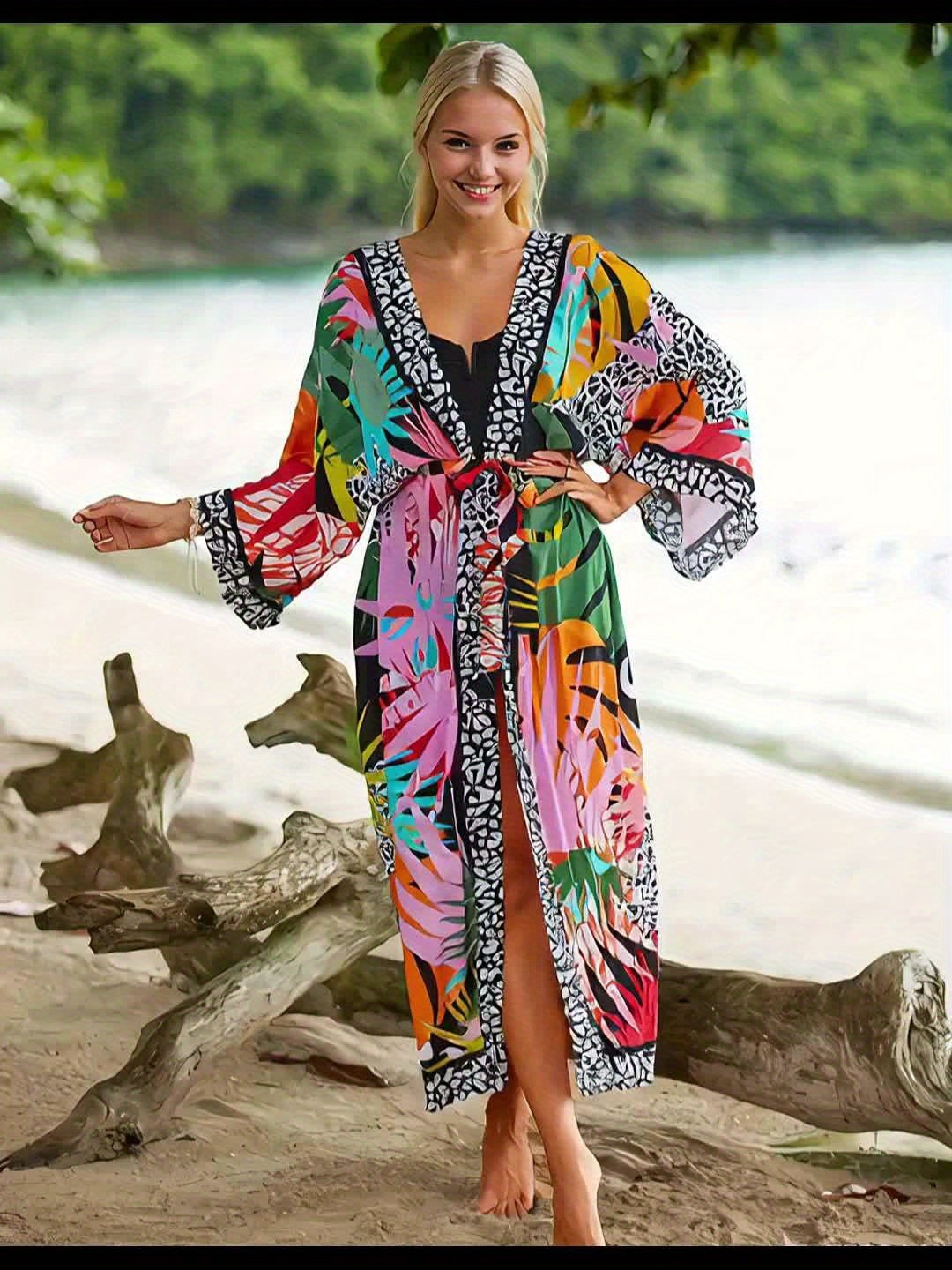 Dame strandkimono lang med tropisk mønster og dyreprint – Perfekt for ferie og resort