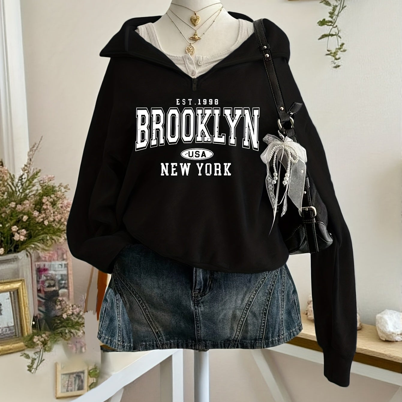 Hættetrøje til kvinder Brooklyn-print med lynlås, krave, lange ærmer, grå, rød, marineblå, sort