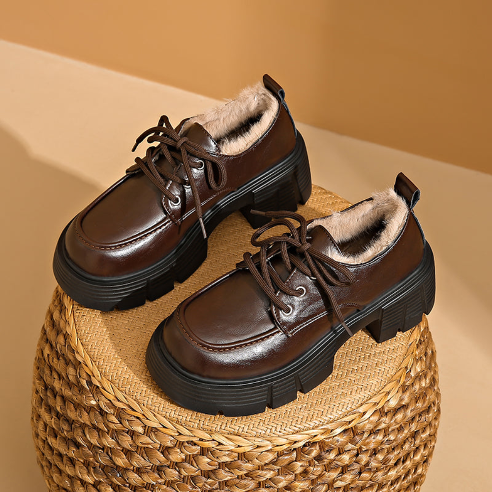Damen Plateau Schnürschuhe mit Futter, klobiger Sohle und Schnürung
