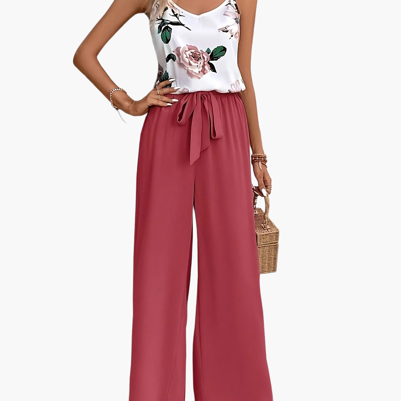 Mono elegante de mujer con estampado floral y pierna ancha – Perfecto para primavera y verano