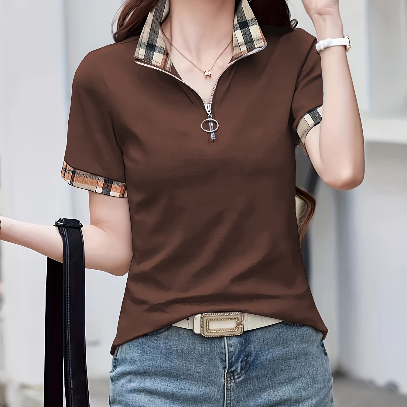 Polo casual da donna con zip e motivo a quadri – Maglia da tempo libero alla moda con collo con cerniera