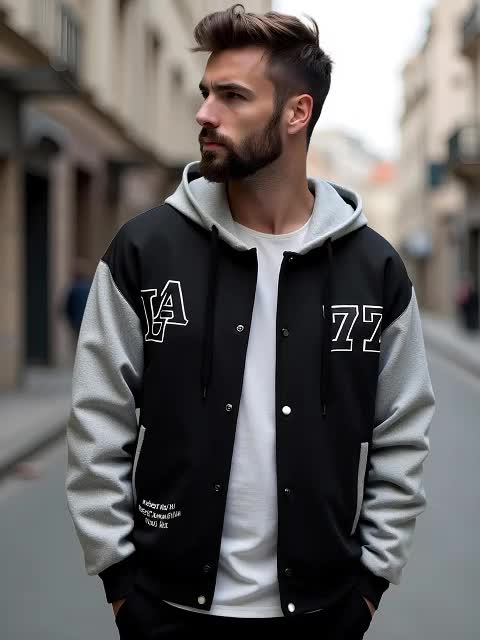 Hættejakke til herrer i college-stil, sort og grå, med trykket „LA 77“