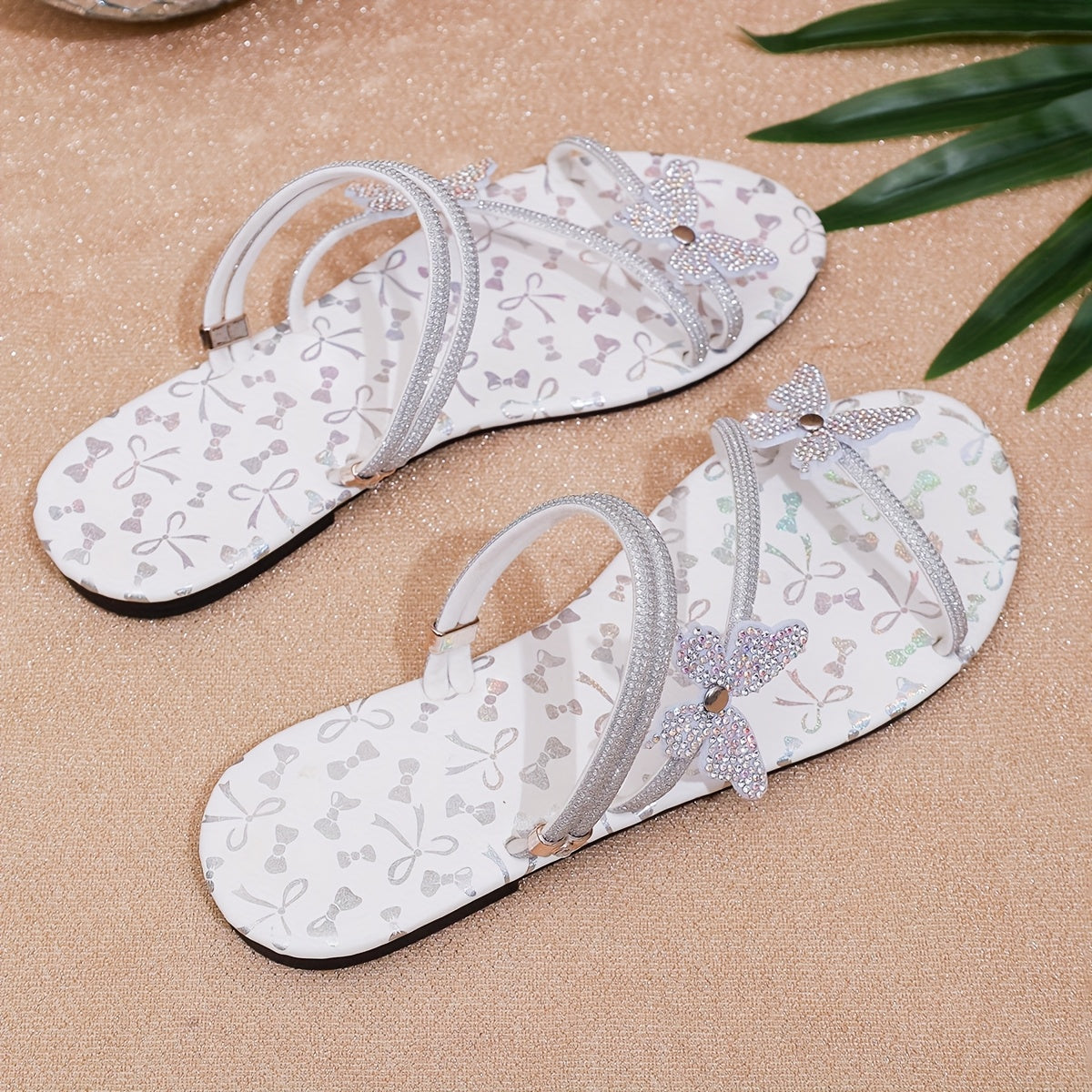 Damen Flache Sandalen mit Strass-Schmetterlingen für Sommer und Freizeit
