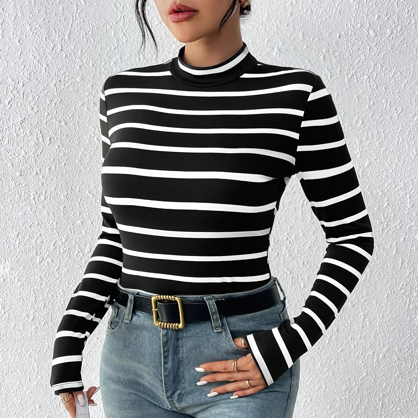 Damen Langarmshirt gestreift Rollkragen weiß-schwarz schmal geschnitten